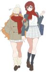  2girls bag brown_hair coat emma_verde freckles green_eyes hair_ornament hairclip hat highres konoe_kanata long_hair love_live! love_live!_nijigasaki_high_school_idol_club monowe multiple_girls purple_eyes red_scarf scarf school_bag school_uniform white_background winter_clothes 