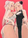  2girls absurdres ass bangs bikini black_bikini black_dress blush breasts bun_cover chestnut_mouth cleavage cleavage_cutout clothing_cutout dress emilia_(re:zero) grey_hair hair_behind_ear hair_bun hand_on_another&#039;s_head highres long_hair looking_at_viewer medium_breasts multiple_girls pelvic_curtain pink_background pointy_ears purple_eyes re:zero_kara_hajimeru_isekai_seikatsu revealing_clothes satella_(re:zero) side-tie_bikini_bottom sidelocks simple_background swimsuit thighs white_dress zerobarto 