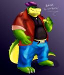 2020 3_toes 4_fingers alligator alligatorid anthro belly bottomwear brok_(character) brok_the_investigator clothing crocodilian english_text feet fingers green_body hat headgear headwear hi_res inteur male overweight overweight_male pants reptile scalie shirt solo text toes topwear video_games 