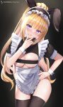  1girl absurdres alternate_costume animal_ears black_background blonde_hair blue_eyes blush enmaided highres karuizawa_kei long_hair looking_at_viewer maid no_bra open_mouth pharmarr playboy_bunny rabbit_ears skirt solo thighhighs v youkoso_jitsuryoku_shijou_shugi_no_kyoushitsu_e 