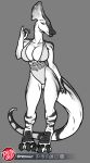  2022 3_toes 4_fingers anthro artist_logo bedroom_eyes big_breasts big_tail biped breasts claws cleavage clothed clothing digital_drawing_(artwork) digital_media_(artwork) digitigrade dinosaur eyelashes feet female finger_claws fingers front_view full-length_portrait grey_background greyscale hadrosaurid hi_res huge_breasts humanoid_hands logo long_tail looking_at_viewer monochrome narrowed_eyes non-mammal_breasts olorotitan one-piece_swimsuit ornithischian portrait predaguy reptile rope scales scalie scuted_feet scuted_hands scutes seductive simple_background smile smiling_at_viewer snout solo standing swimwear tapering_tail thick_tail thick_thighs thigh_gap toe_claws toes wide_hips 