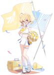  ahoge alternate_costume alternate_hairstyle blonde_hair blue_archive breasts cleavage confetti flag glasses kotori_(blue_archive) large_breasts looking_at_viewer navel official_art open_mouth pom_pom_(cheerleading) red_eyes shoes translation_request 