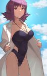  1girl bangs blue_one-piece_swimsuit breasts cleavage closed_mouth covered_navel highres jewelry labcoat large_breasts looking_at_viewer necklace niwatori5948 one-piece_swimsuit philena_ivy pokemon pokemon_(anime) pokemon_(classic_anime) purple_eyes purple_hair short_hair smile solo strapless swimsuit 