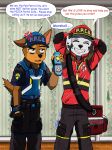  anthro bag canid canine canis chase_(paw_patrol) clothing comic dalmatian domestic_dog duo ecokez2 eyes_closed firefighter_uniform floor german_shepherd gloves handwear hat headgear headwear herding_dog hi_res holding_object male mammal marshall_(paw_patrol) nickelodeon pastoral_dog paw_patrol police_uniform speech_bubble text uniform 