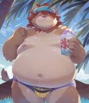  2022 absurd_res anthro belly big_belly bulge clothing cloud cute_fangs dessert detailed_background eyes_closed felid food hat headgear headwear hi_res kemono lifewonders lion male mammal moobs navel nipples outside overweight overweight_male palm_tree pantherine plant seamonsterping shaved_ice solo swimwear tokyo_afterschool_summoners tree vapula_(tas) video_games wings 