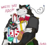  &lt;3 anthro aro_rouon black_nose blush brown_body brown_fur candy canid canine canis cheotdo chocolate dessert english_text food fur gift green_eyes holding_object letter male mammal muscular muscular_anthro muscular_male ribbons simple_background smile solo text utau white_background white_day wolf 