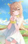  1girl animal_ears bangs bare_shoulders blue_sky bound bound_wrists brown_hair chain cloud commentary day dress fence field frilled_dress frills hair_between_eyes highres hitsukuya indie_virtual_youtuber lion_ears lion_girl lion_tail long_hair looking_at_viewer outdoors restrained rurudo_lion sky sleeveless sleeveless_dress solo tail very_long_hair virtual_youtuber white_dress yellow_collar yellow_eyes 