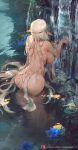  1girl ass back backboob bathing blonde_hair breasts cerestia_of_life circlet cutesexyrobutts elf hair_ornament highres huge_breasts last_origin leaf_hair_ornament lily_pad long_hair nude pointy_ears pond solo very_long_hair water water_lily_flower waterfall wet 