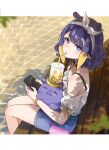  1girl absurdres bangs bare_shoulders bench blue_eyes blunt_bangs blush bracelet bubble_tea cellphone drinking drinking_straw hairband highres hololive hololive_english jewelry looking_at_viewer lucferz mole mole_under_eye ninomae_ina&#039;nis phone pointy_ears purple_hair short_hair shorts sitting smartphone takodachi_(ninomae_ina&#039;nis) tentacle_hair 