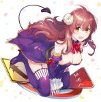  1girl boots bow bowtie breasts cleavage curled_horns demon_girl demon_horns demon_tail detached_sleeves e_(eokiba) full_body highres horns large_breasts long_hair looking_at_viewer machikado_mazoku open_mouth purple_footwear purple_sleeves purple_thighhighs red_bow red_bowtie red_hair sitting solo tail thigh_boots thighhighs wariza yellow_eyes yoshida_yuuko_(machikado_mazoku) 