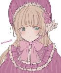  1girl :| aqua_eyes artist_name bangs blonde_hair blunt_bangs blush bonnet bow closed_mouth colored_eyelashes dot_nose dress expressionless flat_color flower frilled_dress frills gosick harugamitsu hime_cut lolita_fashion looking_at_viewer pink_bow pink_dress pink_flower pink_headwear pink_rose pink_theme plaid rose signature simple_background solo upper_body victorica_de_blois white_background 