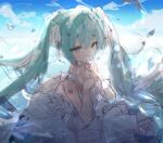  1girl absurdres bangs bare_arms bare_shoulders blue_eyes blue_hair blue_sky cloud covered_mouth day dress flower hair_between_eyes hatsune_miku highres hisiya_(wldn1112) holding holding_flower long_hair outdoors sketch sky sleeveless sleeveless_dress solo twintails very_long_hair vocaloid white_dress white_flower 