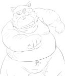  2022 anthro belly big_belly bottomwear canid canine canis clothing domestic_dog humanoid_hands kemono male mammal overweight overweight_male pants shirt simple_background solo topwear toshi_(artist) 