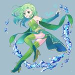  1girl aged_up breasts cape chicken_love detached_sleeves earrings final_fantasy final_fantasy_iv full_body green_eyes green_hair green_leotard highres jewelry leotard long_hair open_mouth rydia_(ff4) simple_background smile solo striped thighhighs 