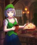  1girl :d absurdres bangs barrel beer_mug blue_eyes blue_hair blue_skirt breasts cleavage cup dominion_(card_game) green_headwear green_shirt highres holding holding_plate indoors innkeeper_(dominion) kayano_takai mug plate shirt short_hair short_sleeves silhouette skirt smile solo_focus souramble virtual_youtuber 