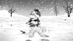  absurdres father_and_son fur_trim highres hug kneeling knife long_hair messy_hair monochrome outdoors ponytail short_hair snow thorfinn thors tree tunic user_nwpt5823 viking vinland_saga warrior weapon 