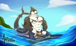  abs absurd_res aereous anthro beach big_bulge big_tail black_body black_nipples blue_eyes bulge bull_shark carcharhinus clothing cloud digital_drawing_(artwork) digital_media_(artwork) digital_painting_(artwork) facial_piercing fin fish gills hi_res humanoid_hands legs_in_water looking_at_viewer male marine multicolored_body muscular muscular_anthro muscular_arms muscular_legs muscular_male nipples nose_piercing on_surface open_mouth open_smile pecs piercing requiem_shark scar sea seaside shark shark_tooth simple_background sky smile solo speedo splash surfboard swimwear tattoo teeth two_tone_body water white_body 