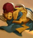  closed_eyes commentary devin_elle_kurtz fluffy hat hatted_pokemon highres lying no_humans on_side open_mouth pikachu pokemon pokemon_(creature) red_headwear shedding sleeping solo 