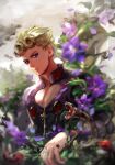  1boy 2018 at4190_(user_vzac7788) blonde_hair blue_eyes blurry blurry_background blurry_foreground bug character_name closed_mouth cloud cloudy_sky flower giorno_giovanna highres jacket jojo_no_kimyou_na_bouken ladybug long_hair long_sleeves looking_at_viewer outdoors pink_jacket purple_flower sky smile snake solo vento_aureo 