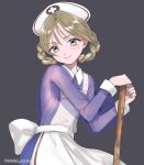  1boy apron blonde_hair braid french_braid grey_background grey_eyes hat head_tilt highres looking_at_viewer nurse nurse_cap original otoko_no_ko pasties see-through simple_background smile uichiya-san 