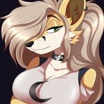  1:1 2022 anthro breasts canid canine collar digital_media_(artwork) ear_piercing fay_(fennythefox) female fox fur hair hair_over_eye mammal one_eye_obstructed paint_tool_sai piercing simple_background smile solo tommysamash 