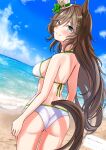  1girl alternate_costume animal_ears aqua_eyes ass beach bikini brown_hair closed_mouth from_behind hair_ornament hairclip herohero_(higashi_no_dou) highres horse_ears horse_girl horse_tail long_hair looking_back mr._c.b._(umamusume) ocean outdoors sand smile solo swimsuit tail tilted_headwear umamusume white_bikini white_headwear 