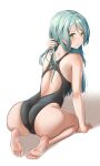  1girl absurdres aqua_hair ass back bang_dream! bangs bare_arms bare_legs bare_shoulders barefoot black_one-piece_swimsuit blush closed_mouth competition_swimsuit from_behind furiousghafo green_eyes highleg highres hikawa_sayo holding holding_hair huge_ass leaning_forward long_hair looking_at_viewer looking_back nape one-piece_swimsuit seiza simple_background sitting skindentation soles solo swept_bangs swimsuit tareme wide_hips 
