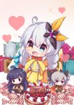  1girl :d absurdres aged_down ahoge apron birthday_cake blue_eyes bow bowtie braid bronya_zaychik bronya_zaychik_(wolf&#039;s_dawn) cake doll dress female_child food frilled_apron frills full_body gift happy_birthday heart heterochromia highres holding holding_doll homu_(honkai_impact) honkai_(series) honkai_impact_3rd kiana_kaslana long_hair open_mouth orange_dress pink_background raiden_mei red_bow red_bowtie smile solo twin_braids white_apron white_hair xtacy yellow_eyes 