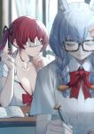  2girls absurdres animal_ears blue_hair bow bowtie braid breasts carrot_hair_ornament eyepatch food-themed_hair_ornament glasses hair_ornament hair_ribbon highres holding holding_pen hololive houshou_marine large_breasts long_hair medical_eyepatch mikan_(chipstar182) multiple_girls pen rabbit_ears red_bow red_bowtie red_hair ribbon shirt twin_braids usada_pekora virtual_youtuber white_shirt 