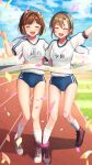  2girls absurdres animal_ears arm_up asterisk_(idolmaster) bangs blue_buruma blue_sky bound_together brown_hair buruma cat_ears closed_eyes cloud cloudy_sky confetti day fake_animal_ears fang finish_line gym_shirt gym_uniform headband highres idolmaster idolmaster_cinderella_girls maekawa_miku multiple_girls name_tag open_mouth outdoors running_track shirt shoes short_hair short_sleeves sky smile sneakers socks sports_festival standing tada_riina three-legged_race toririririre white_shirt white_socks 