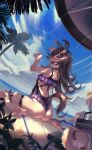  1girl animal_ears ass back_cutout bangs barefoot bikini black_choker black_one-piece_swimsuit blue_sky brown_hair choker clothing_cutout cloud cloudy_sky day dutch_angle english_commentary frilled_swimsuit frills from_behind hair_over_one_eye halak0000 highres horizon horse_ears horse_girl lens_flare long_bangs long_hair looking_at_viewer looking_back ocean one-piece_swimsuit open_mouth outdoors palm_tree paw_pose purple_eyes rice_shower_(umamusume) sitting sky smile solo summer swept_bangs swimsuit thigh_strap thong_swimsuit tree umamusume wet 