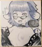  1girl animal_ears blush choker choujuu_gigaku dog_ears dog_tail fangs holding holding_microphone kasodani_kyouko microphone monochrome nipples open_mouth photo_(medium) shika_miso shikishi short_hair solo sunglasses tail touhou traditional_media translation_request upper_body 