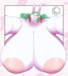  absurd_res anthro areola bedroom_eyes big_breasts breasts bust_portrait crescent-blue-zero female green_hair hair hi_res huge_breasts hyper hyper_breasts inverted_nipples lagomorph leporid looking_at_viewer mammal narrowed_eyes nipples pink_areola portrait rabbit seductive smile solo white_body 