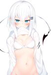  1girl blue_eyes bra demon_tail groin highres jacket jacket_lift lifted_by_self long_sleeves looking_at_viewer mouth_hold navel original otokuyou ringo-chan_(otokuyou) short_hair simple_background solo stomach tail underwear white_background white_bra white_hair white_jacket 