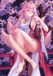  1girl absurdres bare_legs barefoot blue_eyes breasts cherry_blossoms fox_tail genshin_impact hair_between_eyes heiyulingkong highres japanese_clothes legs long_hair looking_at_viewer miko pink_hair sideboob sitting soles solo tail toes yae_miko 