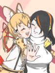  2girls animal_costume animal_ear_fluff animal_ears black_hair bow bowtie brown_hair cat_ears cat_girl emperor_penguin_(kemono_friends) extra_ears headphones highres kemono_friends kemono_friends_v_project large-spotted_genet_(kemono_friends) long_hair microphone multicolored_hair multiple_girls penguin_costume penguin_girl ribbon shirt simple_background skirt smile suspenders virtual_youtuber y0whqzz8bkslezl 