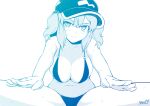  1girl alternate_costume bangs bikini blue_theme blush breasts cleavage commentary_request flat_cap hair_bobbles hair_ornament hat highres kagiyama_pandra kawashiro_nitori large_breasts looking_at_viewer medium_hair monochrome navel sidelocks simple_background solo stretching sweat swimsuit touhou two_side_up 