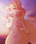  2021 anthro areola biped blue_eyes blush breasts cloud digital_media_(artwork) eyebrows female fur genitals hair long_hair mammal nipples nude orange_hair outside pink_tongue pussy shaded sky solo spider_bones tongue tongue_out white_body white_fur yellow_body yellow_fur 