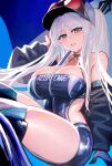  1girl absurdres azur_lane bangs blush breasts enterprise_(azur_lane) enterprise_(wind_catcher)_(azur_lane) eyebrows_hidden_by_hair eyewear_on_head hat highres jacket jacket_on_shoulders kaki_z3 large_breasts long_hair looking_at_viewer off_shoulder official_alternate_costume ponytail purple_eyes sitting solo sunglasses thighhighs thighs white_hair 