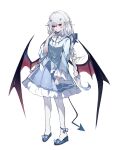  1girl bangs blue_footwear blue_shirt demon_tail demon_wings hand_up highres long_braid long_hair long_sleeves looking_at_viewer original pantyhose pointy_ears red_eyes sheya shirt shoes solo tail very_long_hair white_hair white_pantyhose wide_sleeves wings 