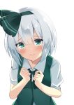  1girl 9150namihana absurdres bangs black_bow black_bowtie black_hairband bow bowtie closed_mouth collared_shirt green_eyes hairband highres konpaku_youmu looking_at_viewer shirt short_hair simple_background smile solo tears touhou upper_body white_background white_hair 