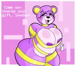  animal_crossing anthro big_breasts bomba_world12 bound breasts chubby_female female freckles hi_res looking_at_viewer mammal megan_(animal_crossing) nintendo nipples purple_body purple_nipples slightly_chubby solo thick_thighs ursid video_games wrapped_up 