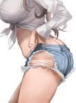  1girl adjusting_clothes alternate_costume ass ass_focus black_hair blue_shorts breasts butt_crack commentary_request cutoffs denim denim_shorts front-tie_top kantai_collection large_breasts long_hair long_sleeves lower_body nagato_(kancolle) shirt short_shorts shorts simple_background solo thighs torn_clothes torn_shorts tororo_ten white_background white_shirt 