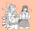  2girls animal_ears bangs blush breasts closed_eyes collared_shirt commentary_request cowboy_shot cropped_legs durga_(housamo) food furry furry_female greyscale_with_colored_background hands_up happy_aura head_chain high_ponytail holding holding_food long_hair master_2_(housamo) miniskirt monochrome multiple_girls neckerchief necktie nori_(h_s_050) open_mouth partially_translated pink_background pleated_skirt sailor_collar school_uniform shirt skirt sleeve_rolled_up sweater tail tiger_ears tiger_girl tiger_tail tokyo_afterschool_summoners tongue tongue_out translation_request 