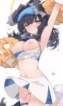  1girl animal_ears arm_up armpits bangs bare_shoulders black_hair blue_archive blue_bow blue_eyes blush bow breasts breasts_out cheering cheerleader cleavage cowboy_shot crop_top dog_ears dog_girl dog_tail eyewear_on_head flying_sweatdrops goggles goggles_on_head halo hibiki_(blue_archive) hibiki_(cheerleader)_(blue_archive) highres holding holding_pom_poms large_breasts long_hair looking_at_viewer medium_breasts midriff mikozin miniskirt navel nipples no_panties open_mouth pleated_skirt pom_pom_(cheerleading) pussy_juice sex_toy simple_background skirt sleeveless solo steam sweat tail thighhighs vibrator white_background white_skirt 