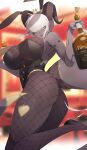  1girl alcohol animal_ears ass black_footwear black_horns black_skin bottle breasts colored_skin crown cup drinking_glass fake_animal_ears fishnet_pantyhose fishnets highres holding holding_bottle horns ill_(ub1mo) large_breasts legs long_hair open_mouth original pantyhose playboy_bunny rabbit_ears shoes smile tail thighs ub1mo white_hair yellow_eyes 