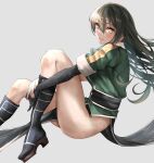  1girl black_eyes black_footwear black_gloves black_hair blush boots breasts chikuma_(kancolle) chikuma_kai_ni_(kancolle) commentary_request elbow_gloves gloves green_shirt grey_background highres kantai_collection large_breasts long_hair looking_at_viewer no_panties pelvic_curtain puffy_short_sleeves puffy_sleeves shirt short_sleeves simple_background single_elbow_glove solo tororo_ten 