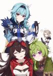  1boy 3girls ? albedo_(genshin_impact) amber_(genshin_impact) blonde_hair blue_hair brown_hair closed_eyes closed_mouth collei_(genshin_impact) eula_(genshin_impact) genshin_impact green_hair hairband hand_in_another&#039;s_hair highres holding_another&#039;s_arm looking_at_viewer looking_back multiple_girls necktie purple_eyes smile thought_bubble wavy_mouth yajuu yuri 