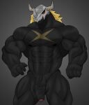  5_fingers abs anatake balls bandai_namco big_muscles black_body black_skin blackwargreymon blonde_mane blush digimon digimon_(species) fingers flaccid foreskin genitals glans glistening_muscles hi_res huge_muscles humanoid male mane muscular muscular_arms muscular_humanoid muscular_male obliques pecs penis pink_glans quads scar shy simple_background solo vein veiny_penis 