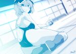  1girl alternate_costume ass back bangs blue_theme blush boots breasts commentary_request flat_cap full_body grin hair_bobbles hair_ornament hat highres indoors kagiyama_pandra kawashiro_nitori large_breasts looking_at_viewer looking_to_the_side medium_hair monochrome pool sideboob sidelocks smile solo sweat swimsuit touhou two_side_up v 